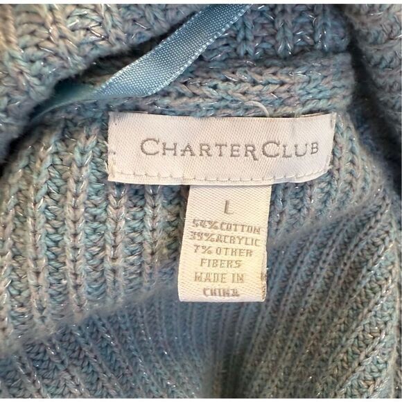 Charter Club Cardigan Open Front Shawl Collar Sz. L Metallic Threads Lt. Blue - Picture 12 of 13